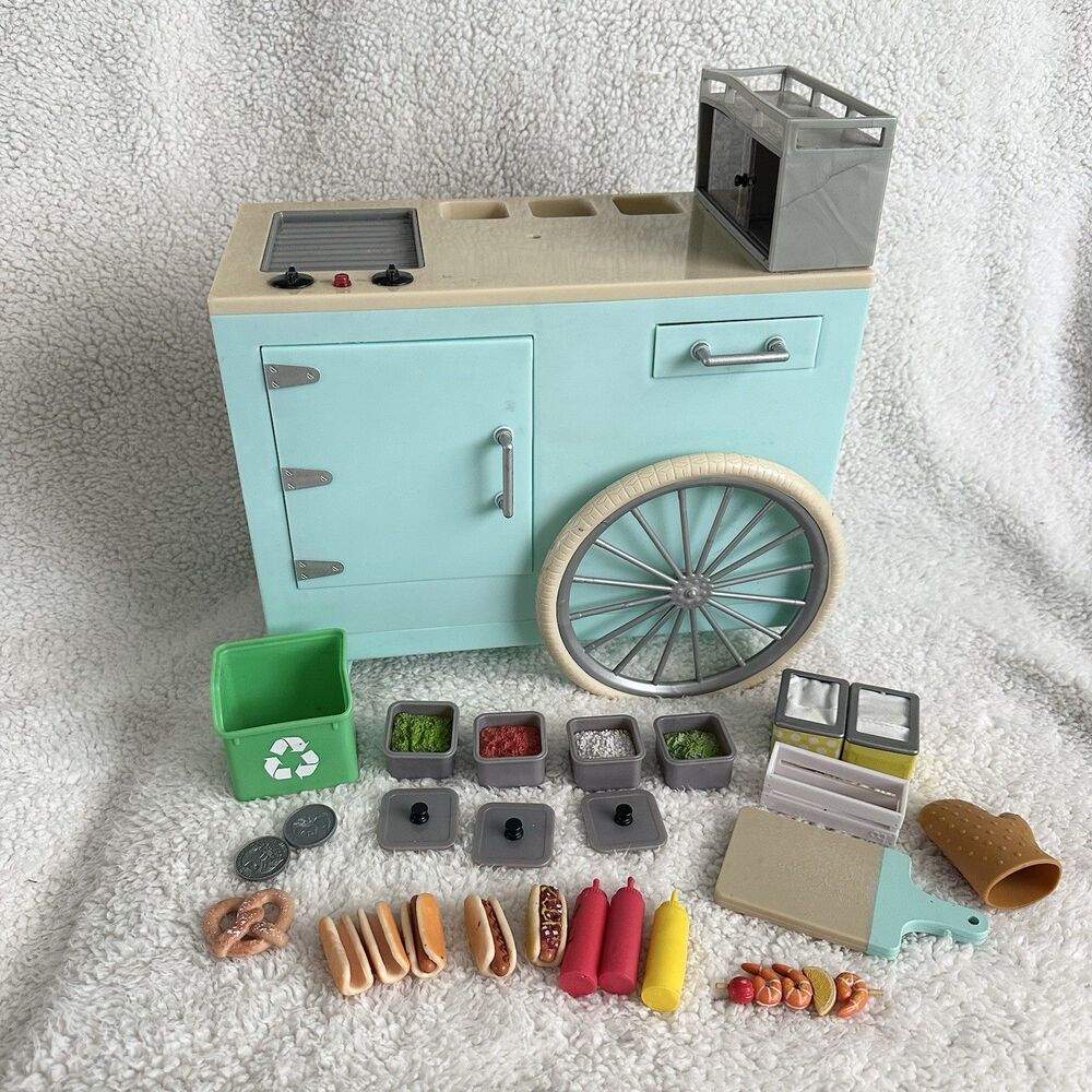 Our Generation Blue Retro Hot Dog Cart Stand With Accessories For 18” Doll